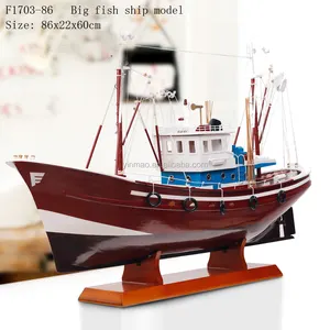 Fishing boat model, 86x22x60cm, wooden fish ship hand craft model, Red and brown color, full details ship model