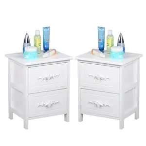 Pair of 2 Drawers Shabby Chic French White Wood Bedside Tables Unit Wooden Nightstand Cabinets with Storage Drawers