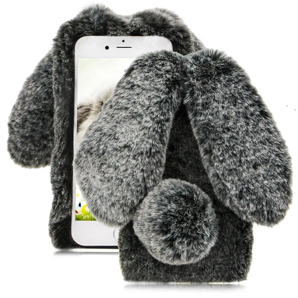 Fashion Fluffy Plush Warm Cell Phone Cases For iPhone XS MAX Cases Fur Rabbit Diamond Cover Soft TPU Fundas Coque