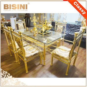 Set da Pranzo Placcato Oro 18K in Stile Arabo per 6 Persone/ <span class=keywords><strong>Mobili</strong></span> da Sala da Pranzo in Ottone dal Design <span class=keywords><strong>Barocco</strong></span> Antico - Product Image 1