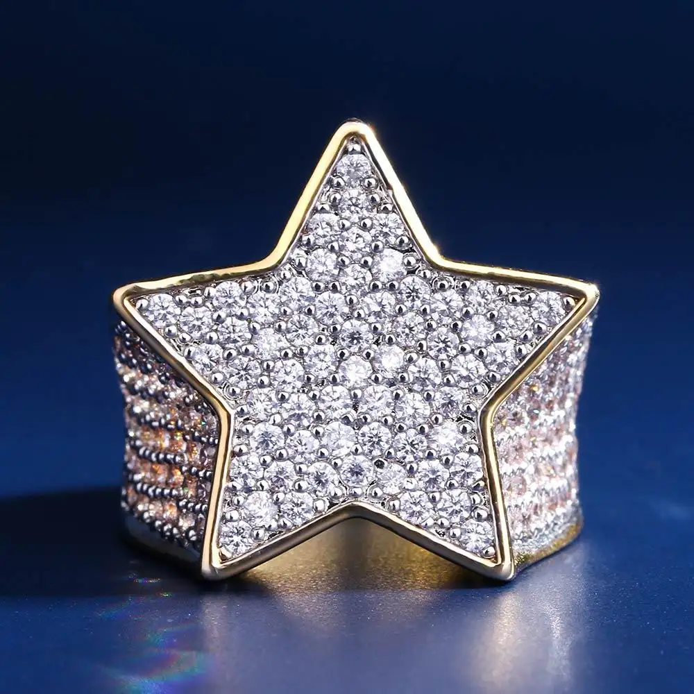 KRKC & CO необычное позолоченное кольцо с пятиконечной звездой 14 к, кольцо с фианитом из кубического циркония, ювелирные изделия в стиле хип-хоп, мужское кольцо с бриллиантом