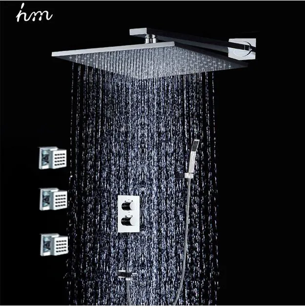 hm Bathroom Shower,10" Brass Chrome Square Rain Shower head With Hand Shower ,Body Jets Set