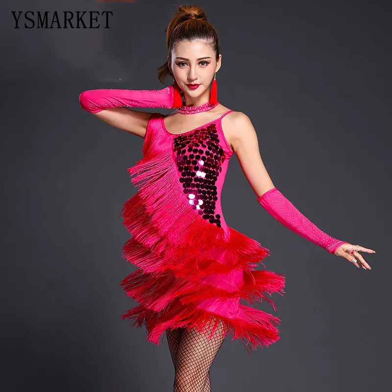 YSMARKET लैटिन नृत्य वेशभूषा महिलाओं साल्सा dancewear नृत्य पोशाक टैंगो वयस्क फ्रिंज गोल्ड सेक्विन कपड़े E005