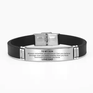 Om Mijn Zoon Moedigen Roestvrij Staal Gegraveerd Brief Zwarte Siliconen Horloge Gesp Leisure Armband