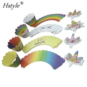24PCS Double Side Cupcake Decorations Set 24 Rainbow Unicorn Wrappers Toppers In Stock PQ103