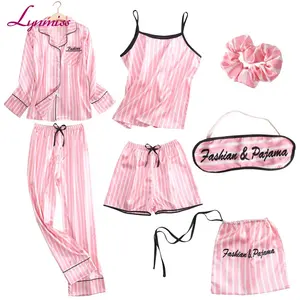 Linmiss conjunto de pijama feminino, pijama para meninas, 7 peças, robe, máscara para olho, roupa de dormir feminina, listras rosa