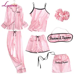 Lynmiss 7 Pcs בנות מכנסיים קצרים פיג 'מה סט Robe סט עיניים מסכות נשים של הלבשת פס ורוד פיג' מה