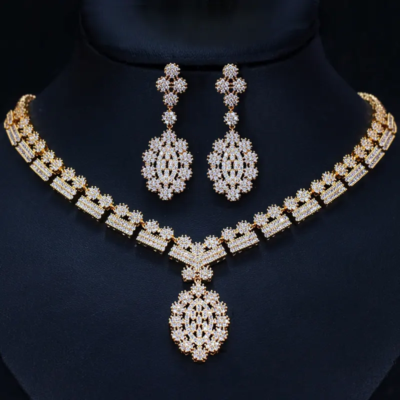 African CZ Cubic Zirconia Bridal Wedding Necklace Earrings Dubai Gold Color Costume Jewelry Sets for Women