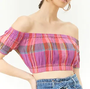 Madras streifen Off-Schulter Crop Top