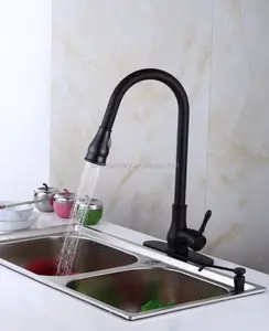 high quality brass material black color pull out kitchen faucet with deck cover and soap dispenser