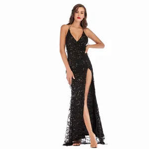 Women's Elegant Sequin Tassels Design Spaghetti Strap Backless Party Dress