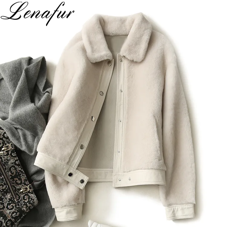 Young Girl Fashion Black Beige Dark Green Lamb Fur Leather Shearling Bomber Jacket