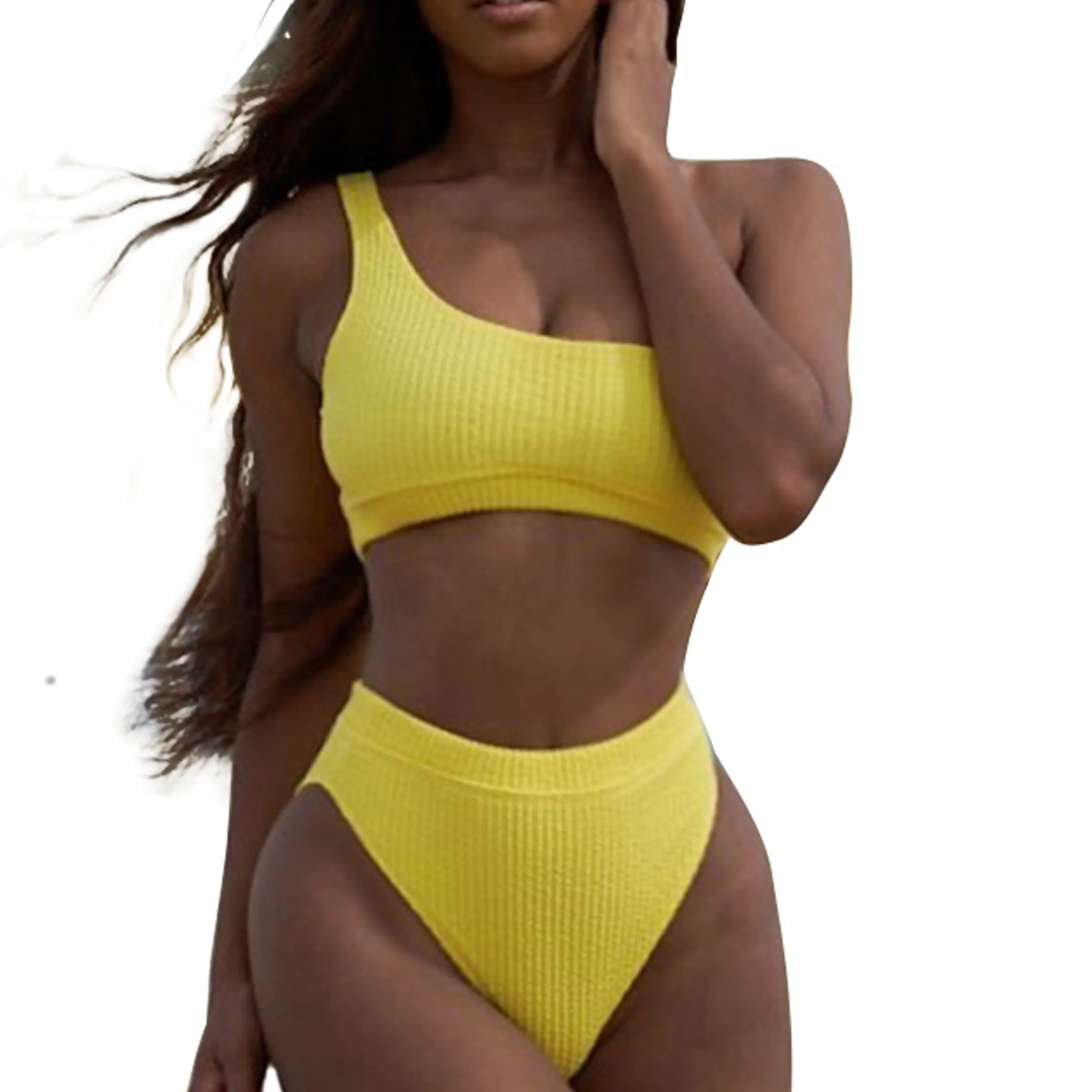 2021 Wholesale Ribbed High Waisted Bikini Ribbed One Shoulder Bikini