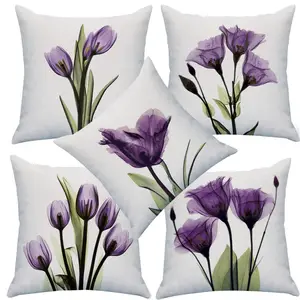 Print Elegant Tulip Purple Flower LinenThrow Pillow Cover Sofa Couch Art Painting For Living Room Decor