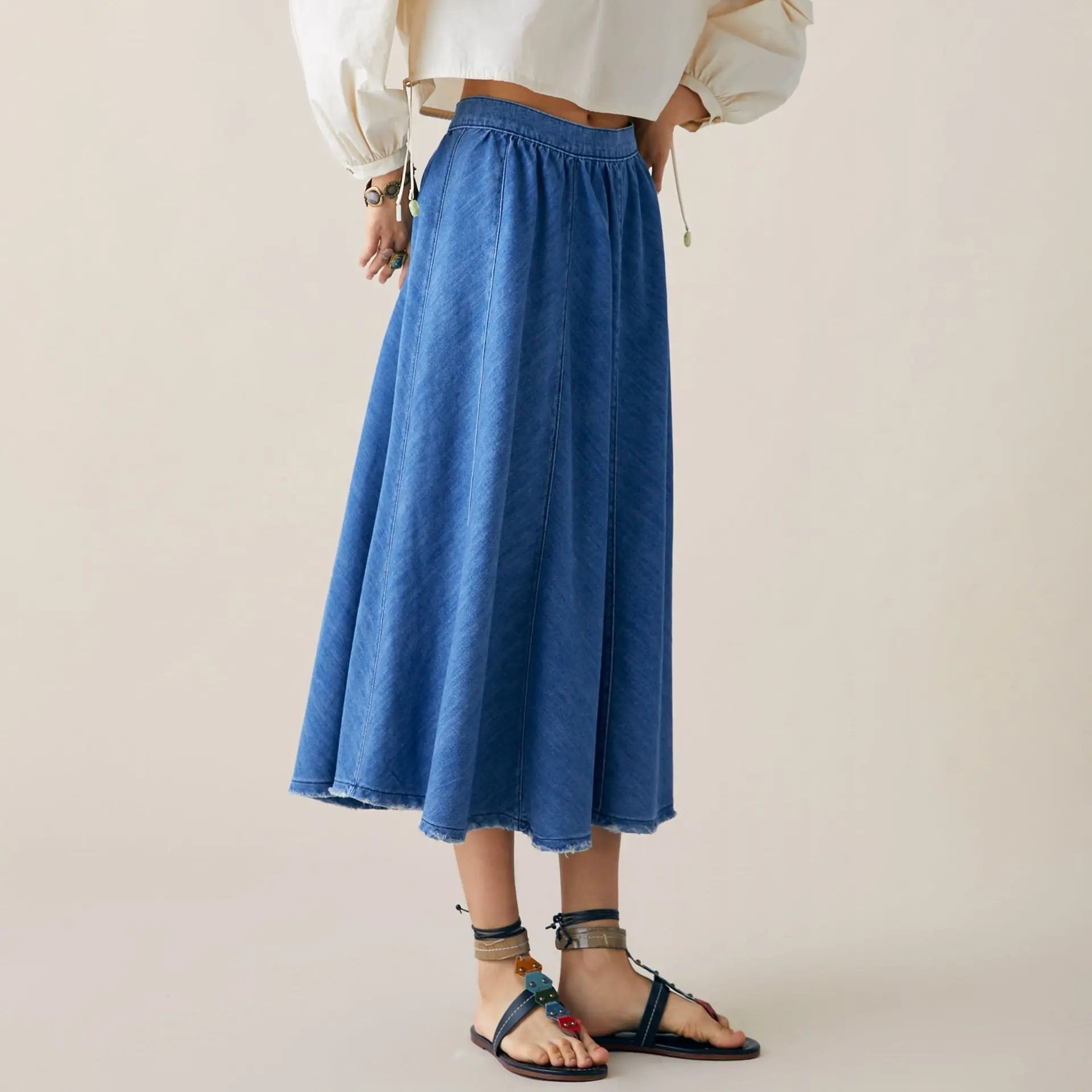 Premium swing denim skirt in cool blue pleated women jeans skirts