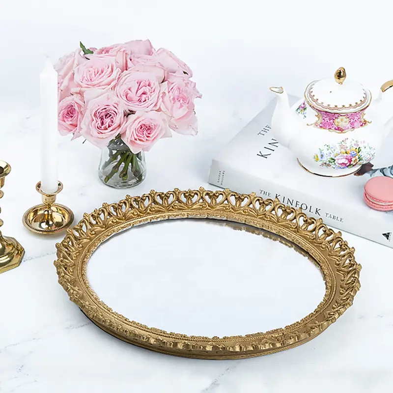 round vanity gold luxury serving tray decorative resin perfume jewelry cosmetic glass mirror tray centerpiece wedding