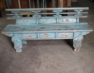 Chino estilo antiguo de madera color azul tallado a mano largo banco