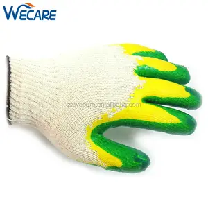 String Knit Cotton Lined Green Yellow Double Coating Rubber Palm Latex Dipped Gloves