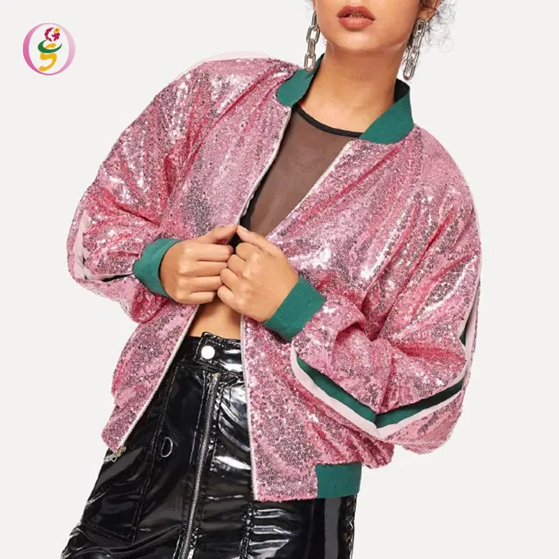 Ladies Thời Trang Bóng Chày Cổ Áo Gân Trim Sequin Chi Tiết Bomber Jacket Bling Đêm Ra Zip Up Sequin Áo Khoác