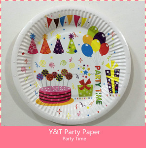 Yiwu Partie fournitures party time coloré imprimé gâteau cadeau chapeaux 7 <span class=keywords><strong>Pouce</strong></span> ronde papier plaque - Product Image 1