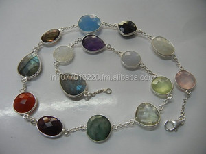Multi Gemstone Bezel Set Connector Sterling Silver <b>Beaded</b> <b>Necklace</b> for Wedding Gift - Product Image 2