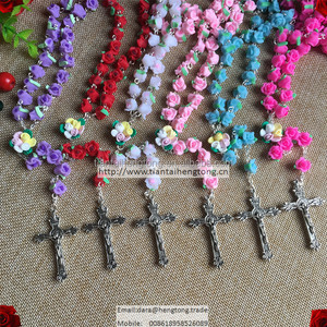 <strong>Candy</strong> Bright Color Soft Ceramic Beads Rose Rosary Catholic Crucifix <strong>Necklace</strong> - Product Image 1