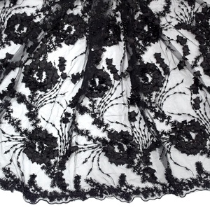 Черная кружевная ткань с 3d цветами свадебные бусины неуловимые французские блестки тюлевые кружева для свадебного платья HY0936-1 оптом - Product Image 1