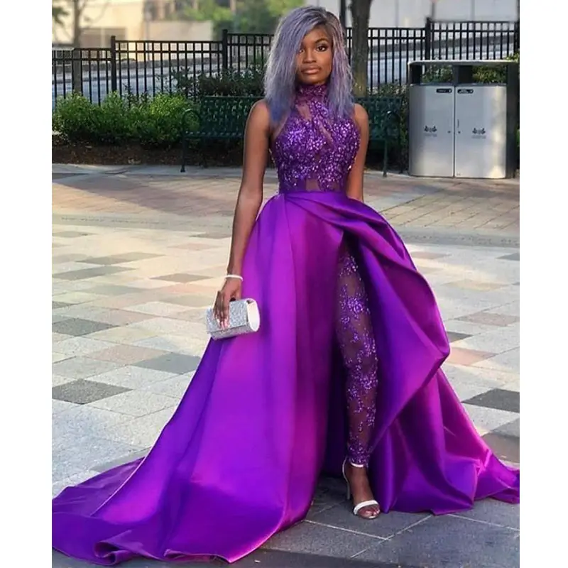 jumpsuit prom dress with train Elegant Lace Aplliques Short Sleeves Evening Jumpsuit With Train