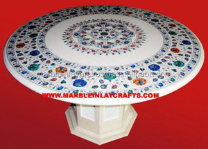 <b>Round</b> <b>White</b> Marble Inlay Dining <b>Table</b> Top , Marble Inlay <b>Table</b> Tops - Product Image 1