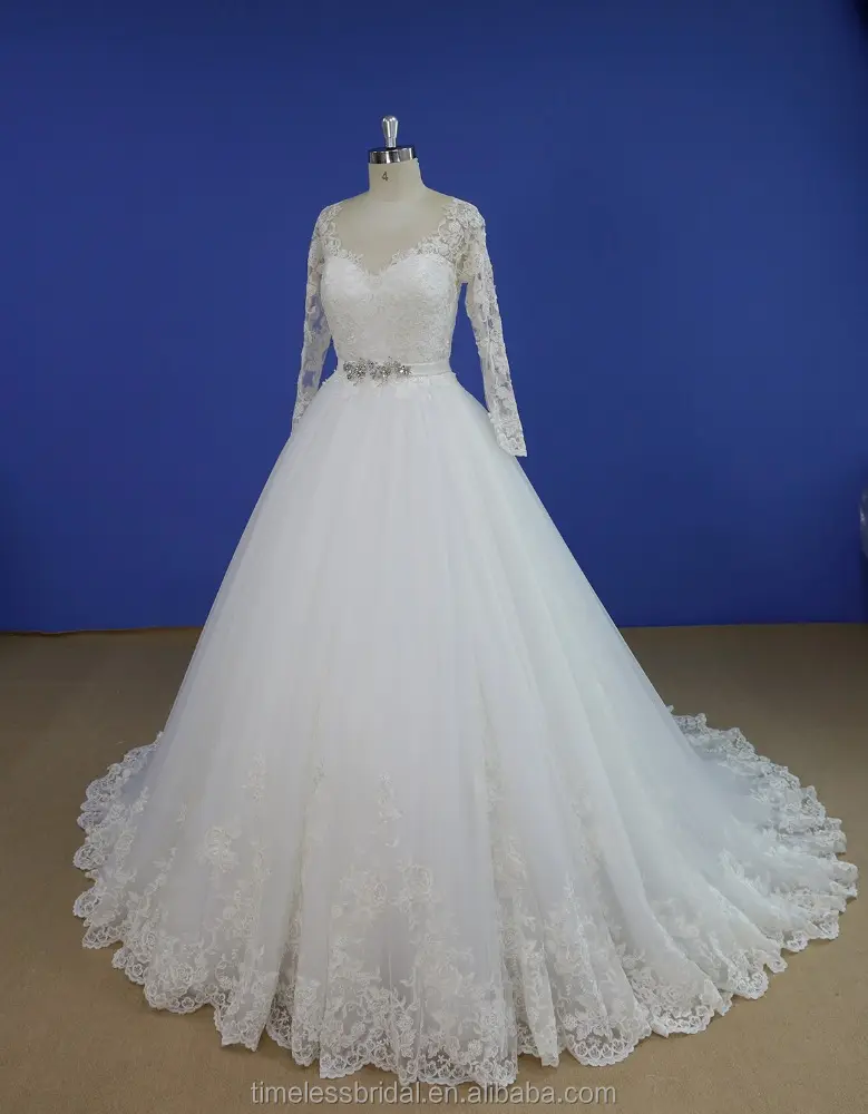 3/4 sleeves lace beaded light blue and white wedding dress A line