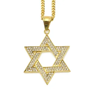 fashion hiphop zinc alloy iced out pendant gold plated star of david necklace