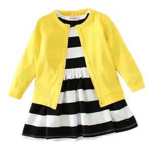 Высококачественный хлопковый комплект детской одежды, желтое Полосатое платье из двух предметов с длинным рукавом для девочек