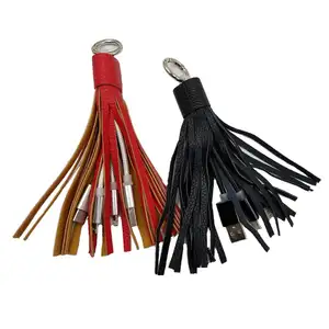 Wholesale Tassel Leather Usb Data Cable Keychain 2 in 1 usb charger for hand bag charm