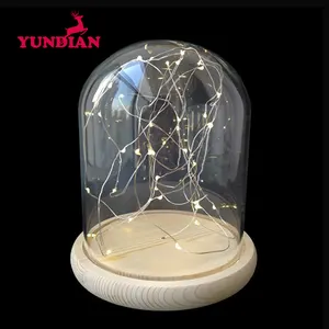 Wholesale Different Size Large Display Bell Cloche Jar Transparent Clear Glass Dome With Led Lights And Wood Base For Home Decor