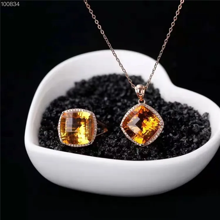 Set liontin kalung pesta emas 18k perhiasan halus cincin liontin Citrine kristal kuning alami wanita