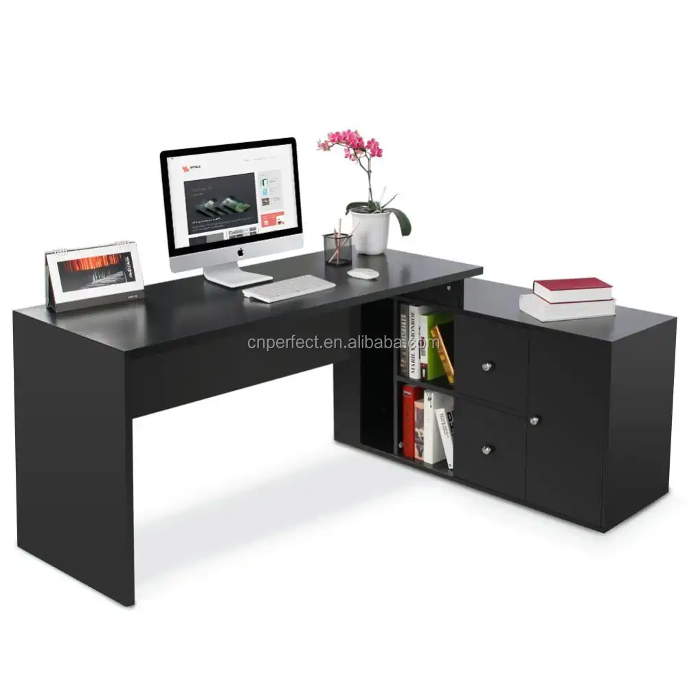 Estación de trabajo de madera para el hogar y la Oficina, mesa de escritorio para ordenador portátil en forma de L con cajón, almacenamiento abierto