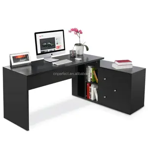 Wooden Home Office Work Workstation L-shaped Laptop Computer Desk Table with Drawer Open Storage