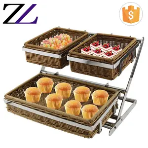 Hotel mesas de lujo para dekorasi buffetes y ristorazione in acciaio inox 2 fila di frutta pp cestino di plastica del basamento/elegante cestino del pane