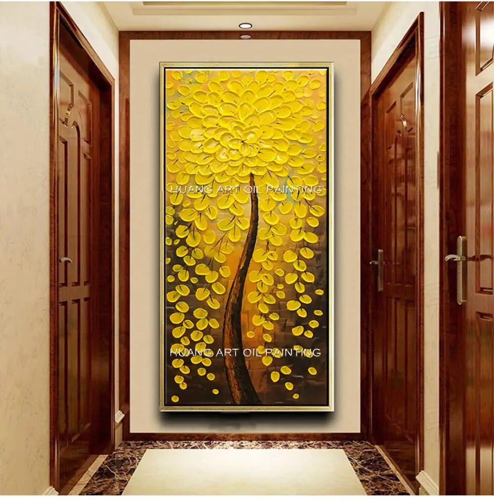 100% Hand Painted Abstract Rich Tree Oil Painting Knife Yellow Flower Landscape Painting auf Canvas für Living Room Decoration