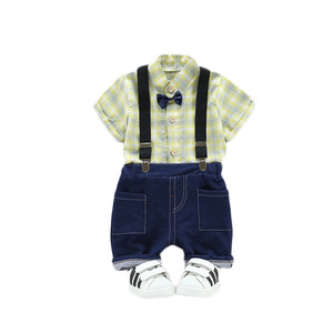 Nuovi vestiti del bambino nato set di plaid <span class=keywords><strong>camicia</strong></span> del legame di arco <span class=keywords><strong>con</strong></span> nero bib pantaloni - Product Image 2