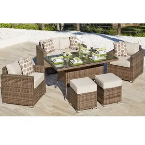 6 chỗ ngồi hình chữ nhật ngoài trời mây wicker ăn uống đặt đồ nội thất sân vườn Patio sofa Set