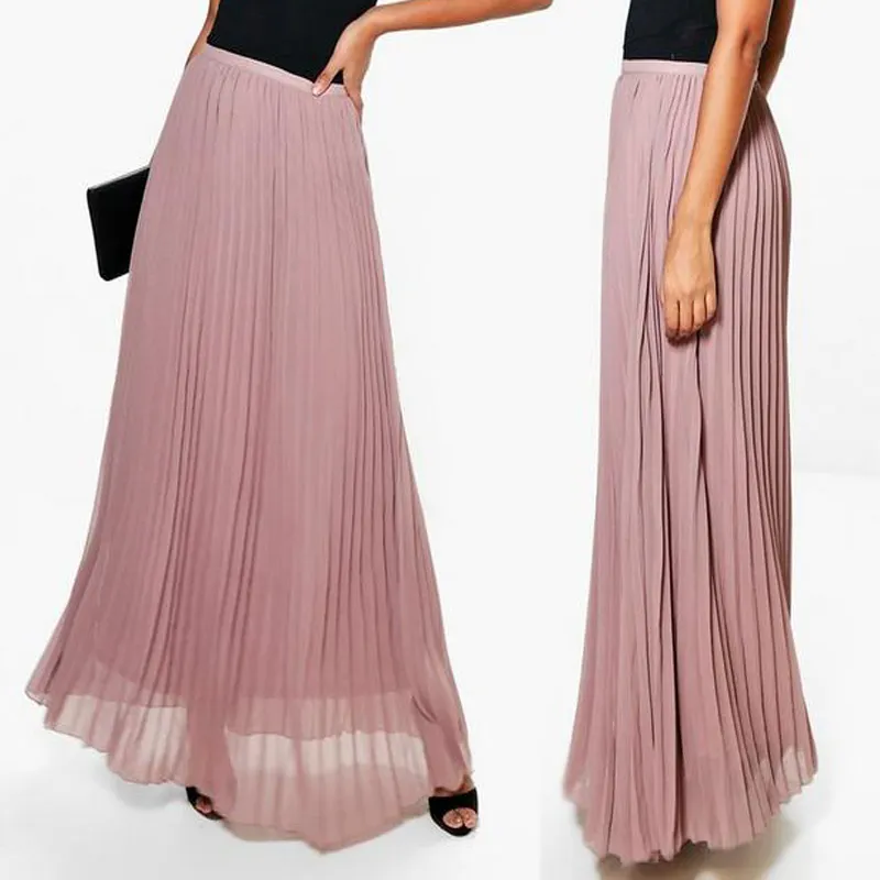 चीनी परिधान कारखानों कस्टम लोगो पॉलिएस्टर शिफॉन लोचदार कमर गर्मियों के कपड़ों की उच्च गुणवत्ता महिलाओं लंबी मैक्सी Pleated स्कर्ट