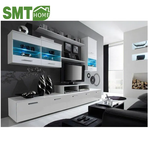 Unit Dinding TV Ruang Tamu Modern Led, Rak TV Panjang Sudut Modern Tinggi untuk Furnitur Hitam 72 Inci