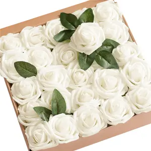 25pcs Künstliche Blumen Echt Aussehende Elfenbein Gefälschte Rosen Stem für DIY Hochzeit Bouquets Mittelstücke Braut Party Home Decor
