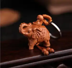 LLavero de elefante de madera de melocotón Natural para mujer y niño, llavero de elefante de madera de la suerte, regalo para niño, joyería