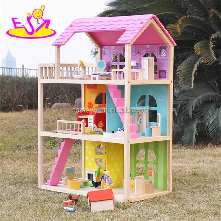 new design pink girls pretend play wooden doll house toys for wholesale W06A170