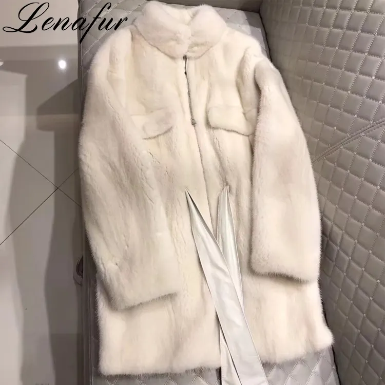Winter Warmer Stand Collar Zipper Closure Natural Grey Beige Color Long Luxury Real Mink Fur Jacket Coat mit Belt für Women