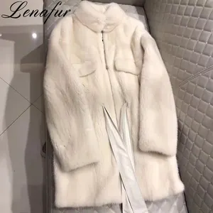 Kış isıtıcı standı yaka fermuar kapatma doğal gri bej renk uzun lüks gerçek vizon kürk ceket ceket kemer ile kadın