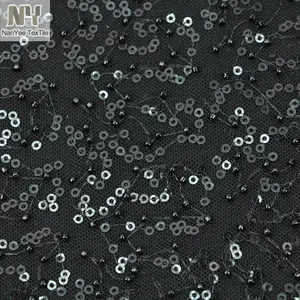 Nanyee Tekstil Bilgisayar Makine Nakış Siyah Pullu Ve Boncuklu Kumaş