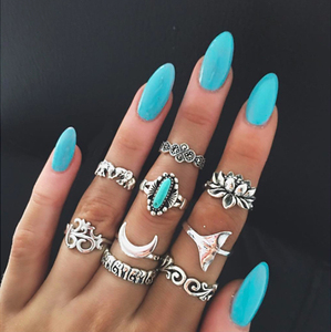 Idealway 9Pcs/set Bohemian Vintage Moon Shape Silver Gold Plated Knuckle Nail <strong>Midi</strong> Finger Metal <strong>Ring</strong> Women <strong>Ring</strong> Set - Product Image 1